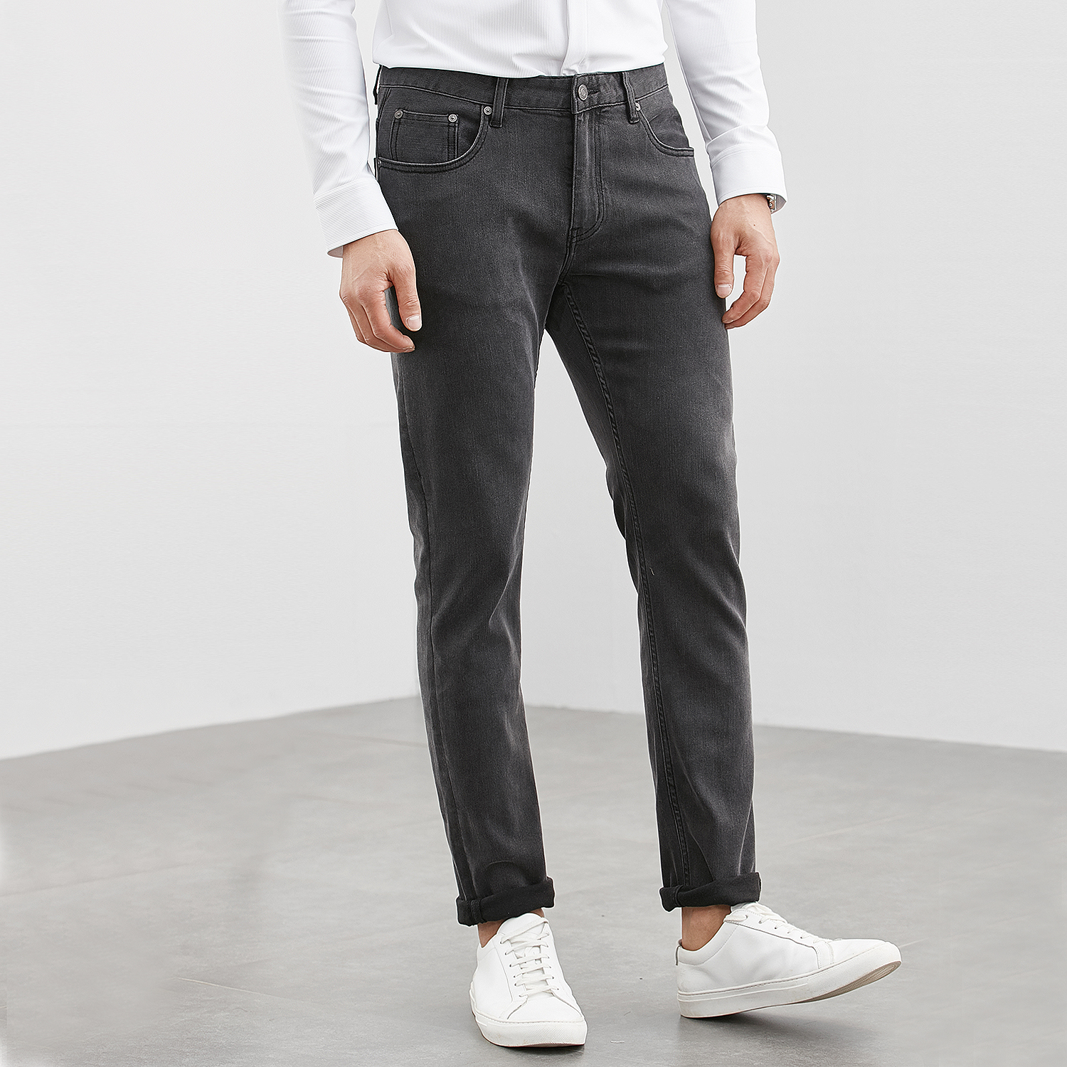 DXIAN经典百搭款  春秋 舒适弹力男士修身烟灰色休闲长裤男牛仔裤