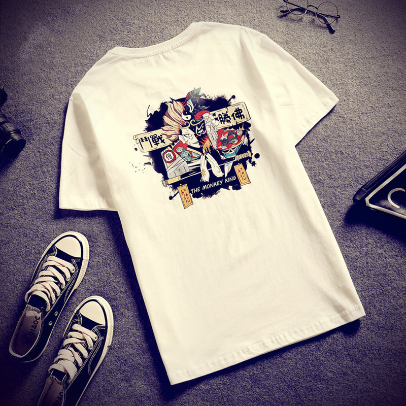 潮牌夏季日系短袖t恤男士中国风加肥大码宽松休闲半袖白色体恤衫