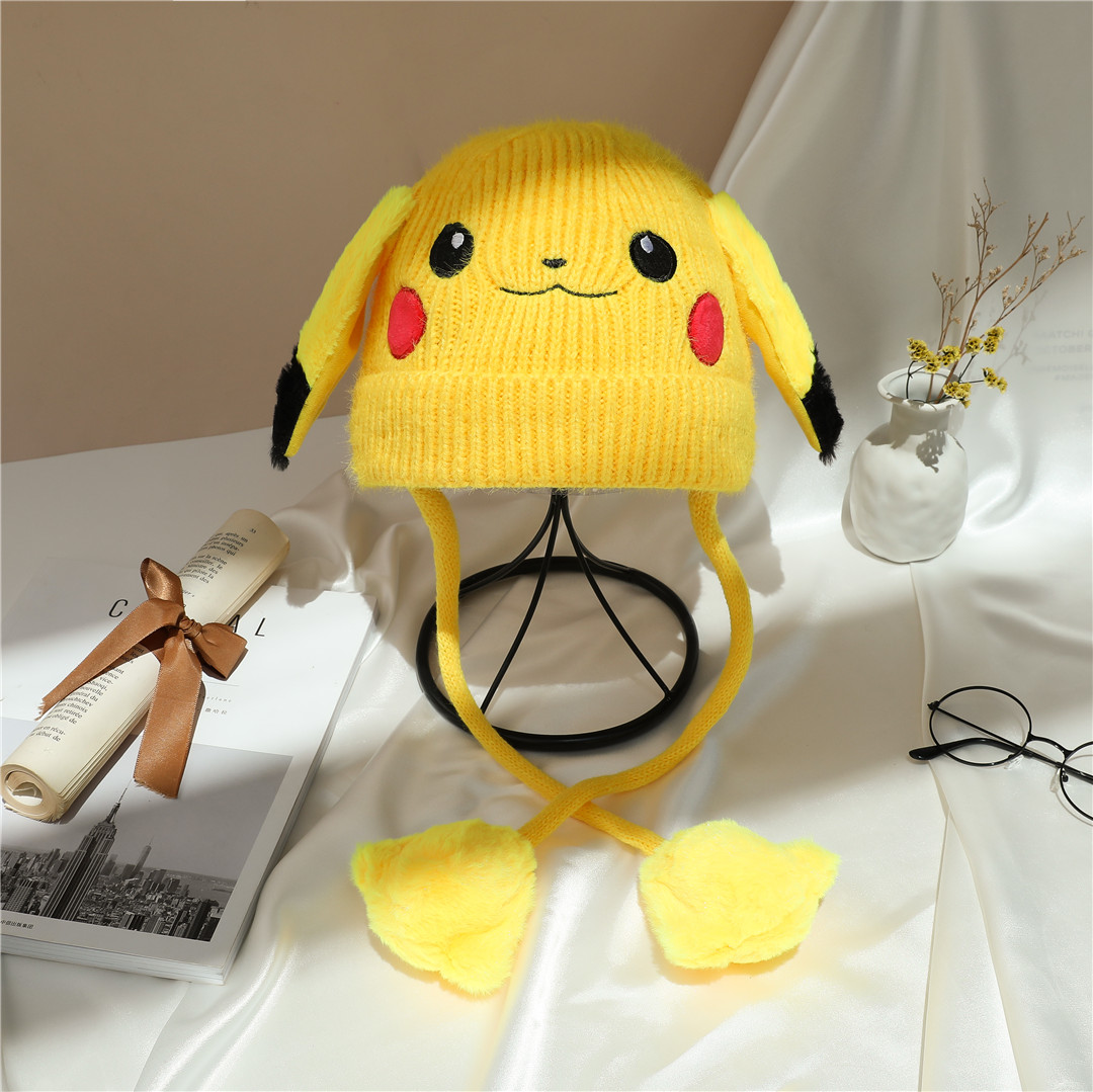 冬季毛线帽儿童可爱卡通皮卡丘耳朵会动帽子护耳帽子