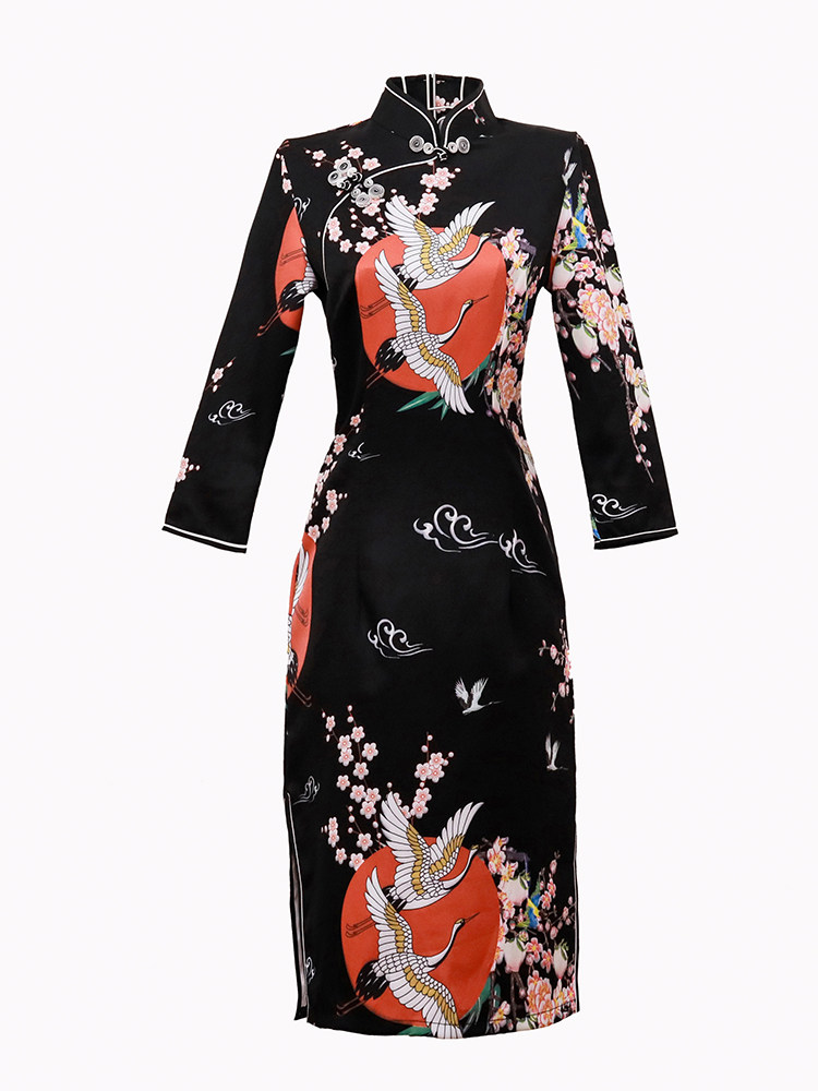 仙鹤旗袍国风复古年轻少女短款黑色旗袍