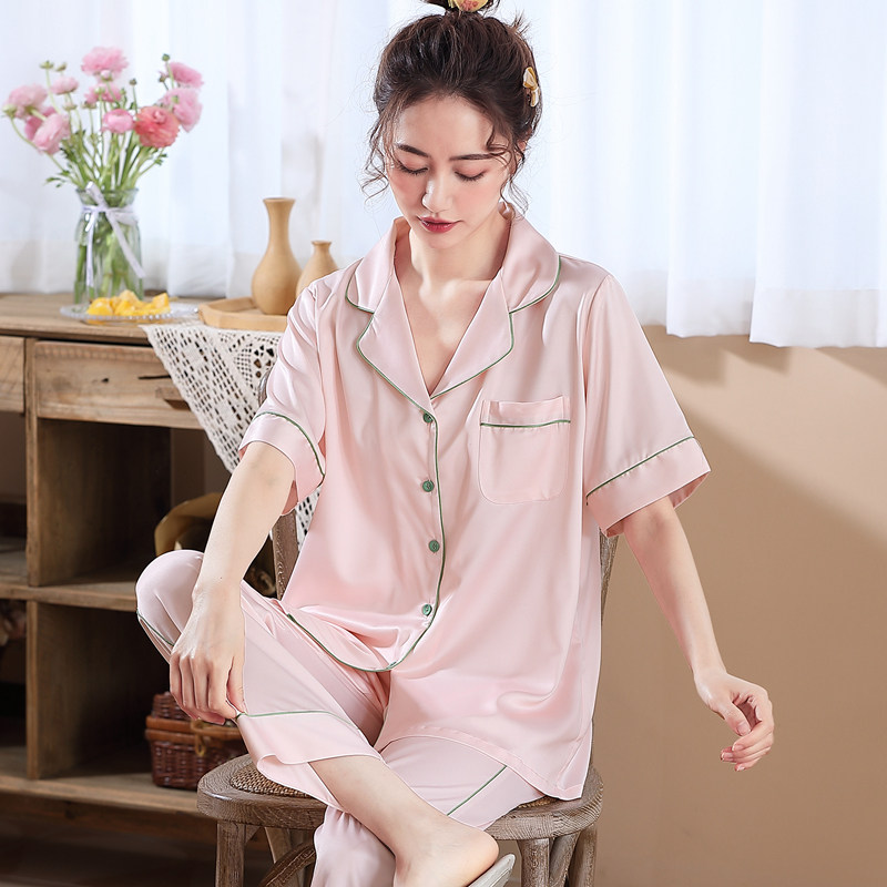 睡衣夏季丝绸冰丝短袖长裤两件件套夏天薄款睡衣