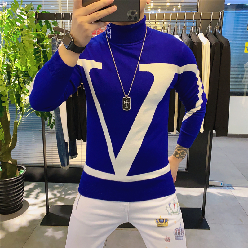 高领毛衣男2021秋冬季新款提花潮流个性内搭羊毛衫加厚大码针织衫