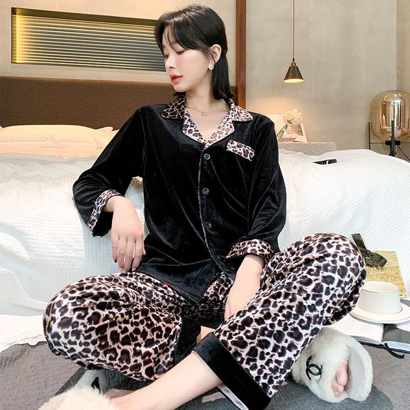金丝绒情侣豹纹睡衣男士秋冬开衫长袖长裤印花睡衣