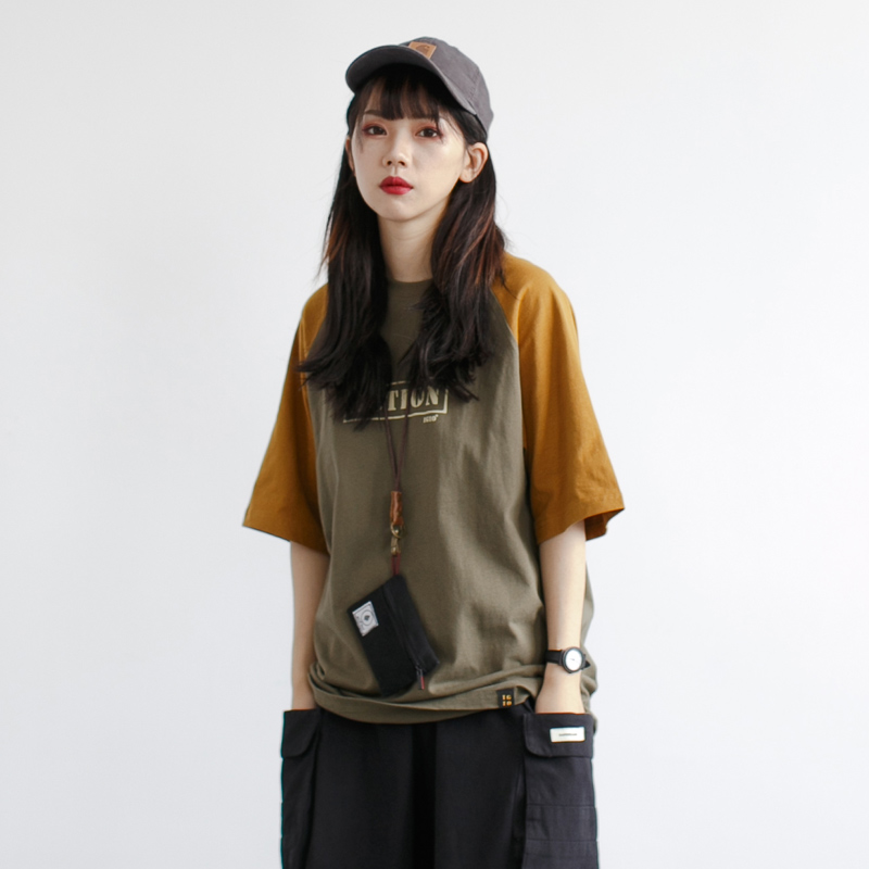 RCDB美式复古拼色印花插肩T恤男女款BF宽松情侣学生五分袖上衣潮