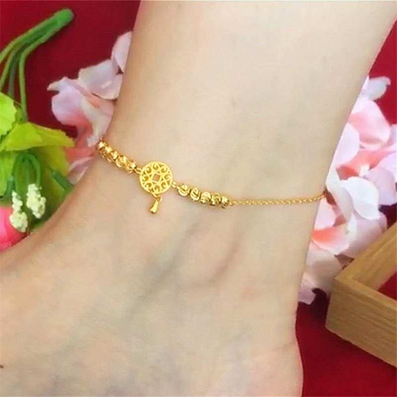 糊涂金久黄金久脚链转运老庙钱币铜金脚饰女沙金脚链