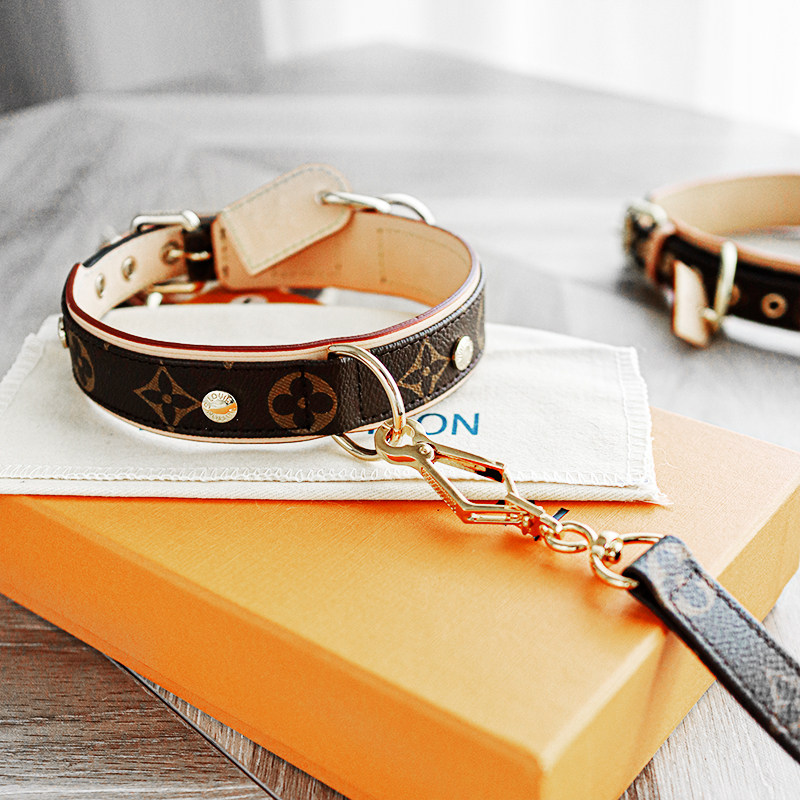 潮牌lv项圈狗狗牵引小型犬柴犬法斗牛皮遛狗狗牵引绳