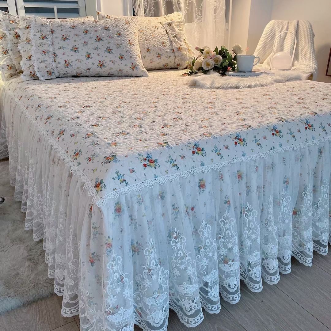 韩版夹棉床单件防滑公主床罩全棉加厚床单蕾丝床裙