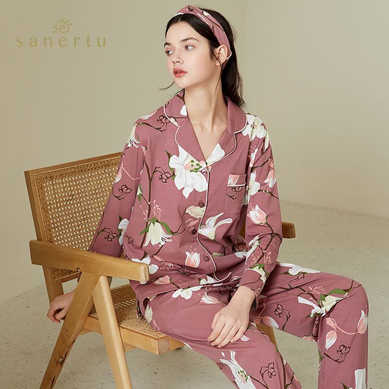三耳兔春秋女士睡衣长袖开衫印花家居服上衣睡裤睡衣