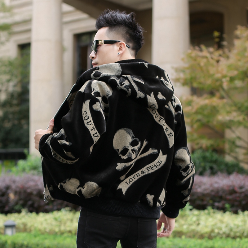 欧货痞帅骷髅印花夹克男冬季金貂绒花色休闲外套短款连帽男装高端