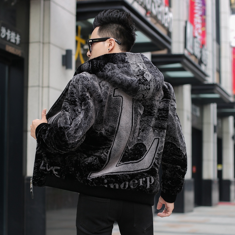 欧货轻奢印花金貂绒皮草男冬季潮牌连帽羊羔毛夹克痞帅修身男装潮