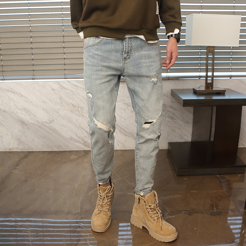 2022春秋潮牌复古浅色破洞牛仔裤男宽松九分裤韩版修身小脚长裤子