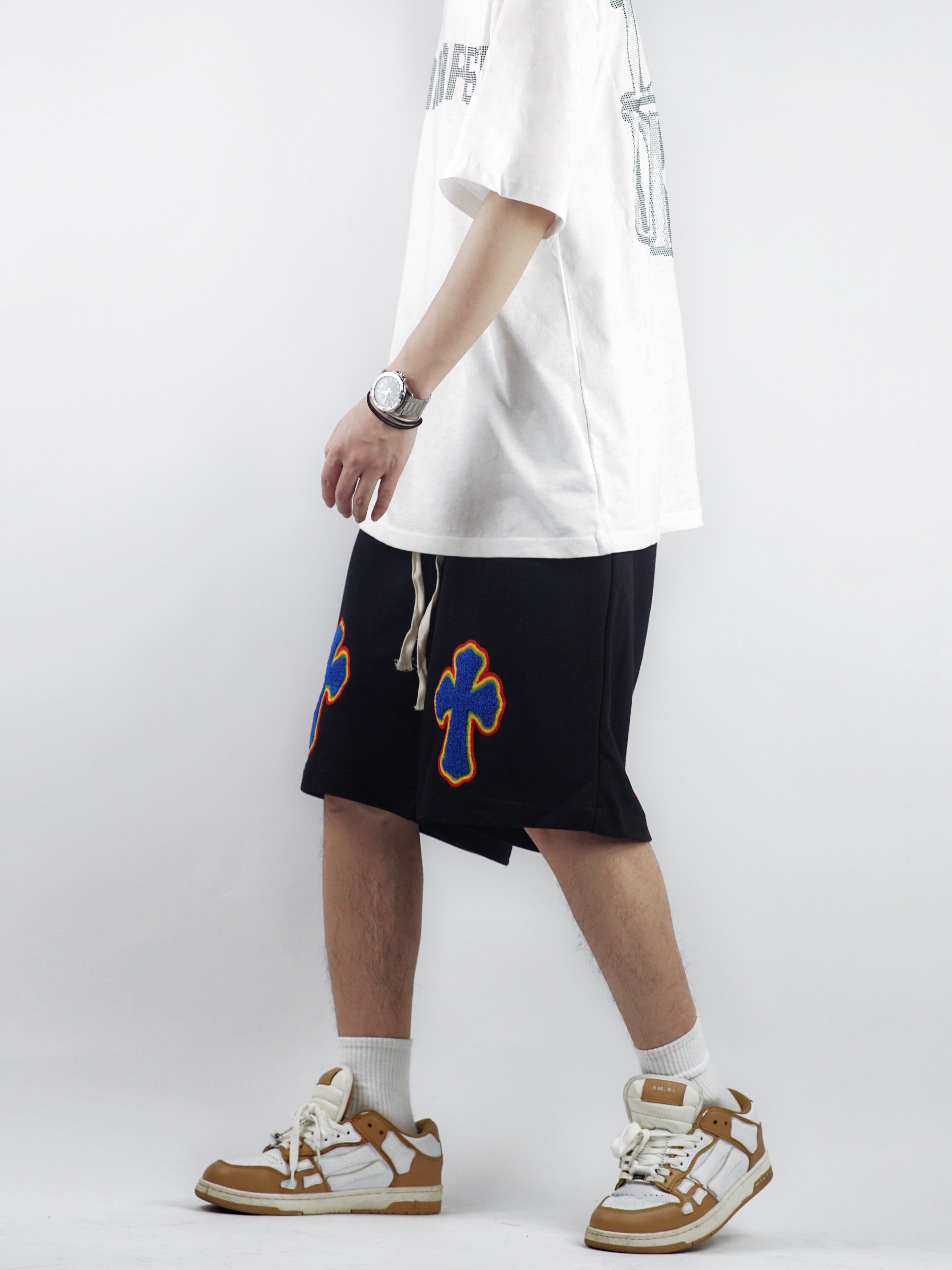 dhss原创国潮街头十字架刺绣五分裤高街嘻哈宽松直筒男潮牌短裤