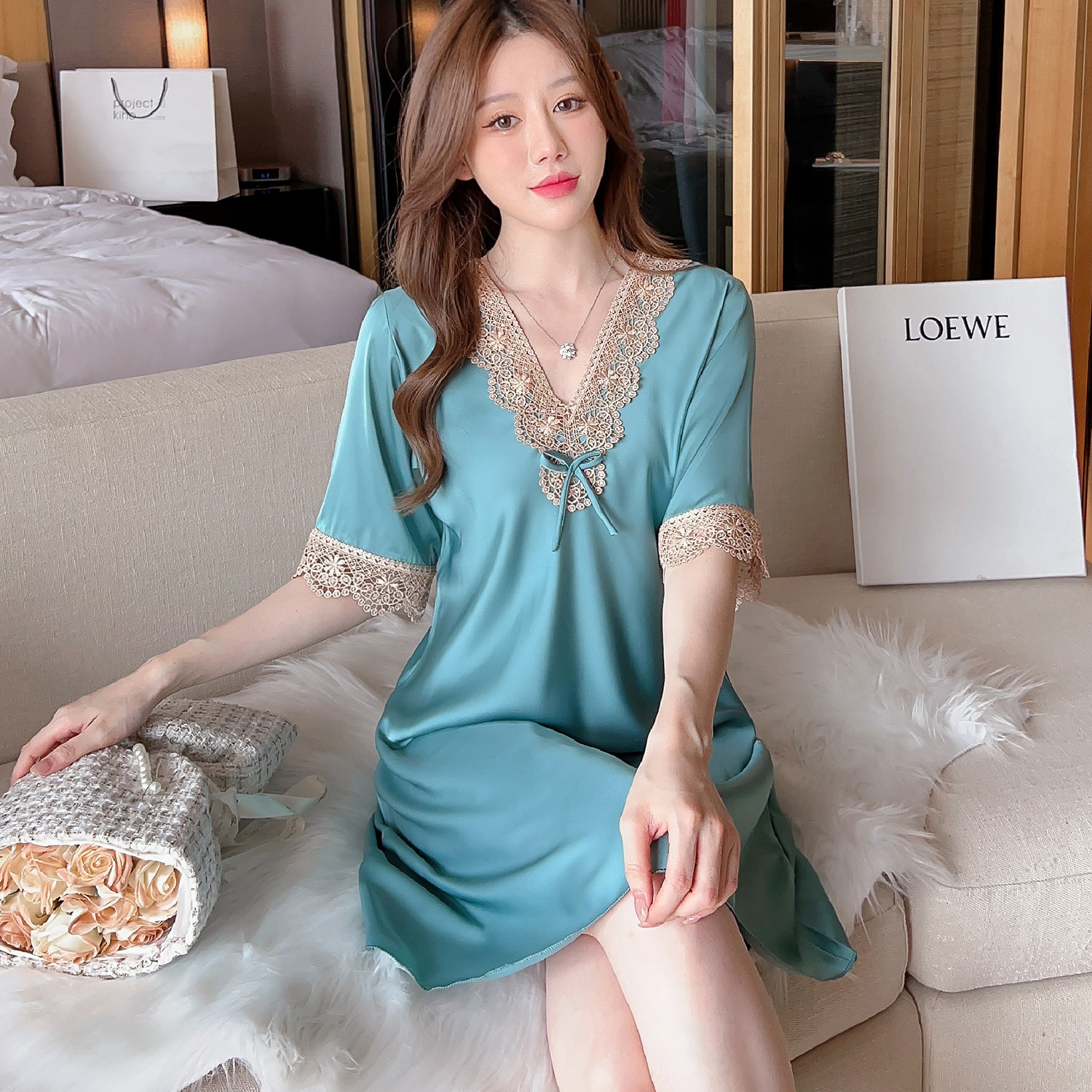 睡衣女士夏季冰丝短袖蕾丝性感丝绸睡裙高级睡裙