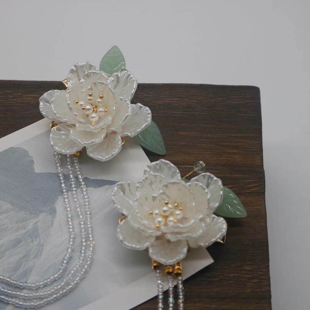 耀如春华山茶花发夹古风汉服配饰琉璃甜美美步发饰