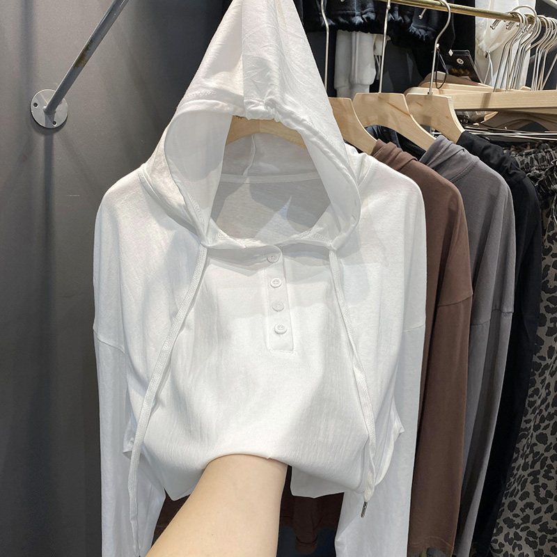 欧货白色长袖t恤女装连帽小衫2021年春秋季新款宽松外穿上衣ins潮