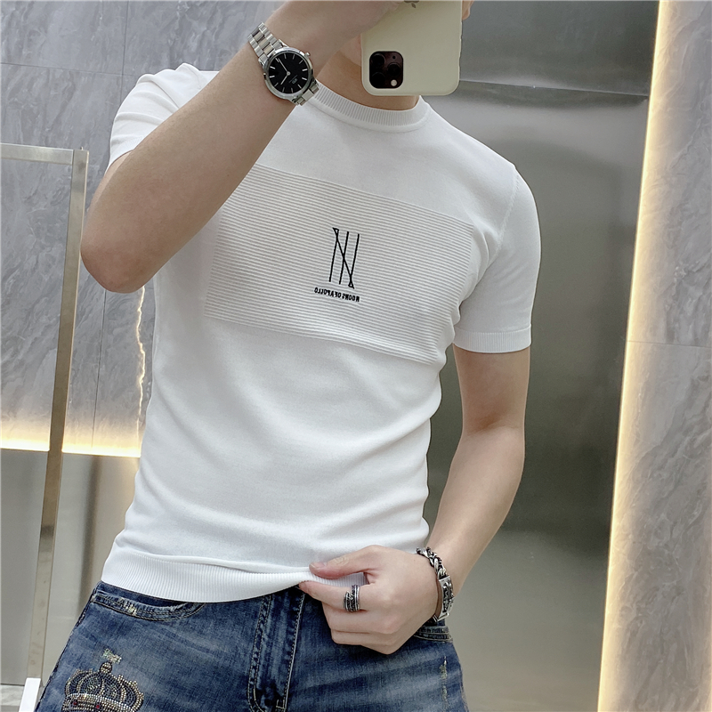 2023夏季新款个性字母刺绣修身弹力冰丝t恤薄款百搭短袖针织衫男