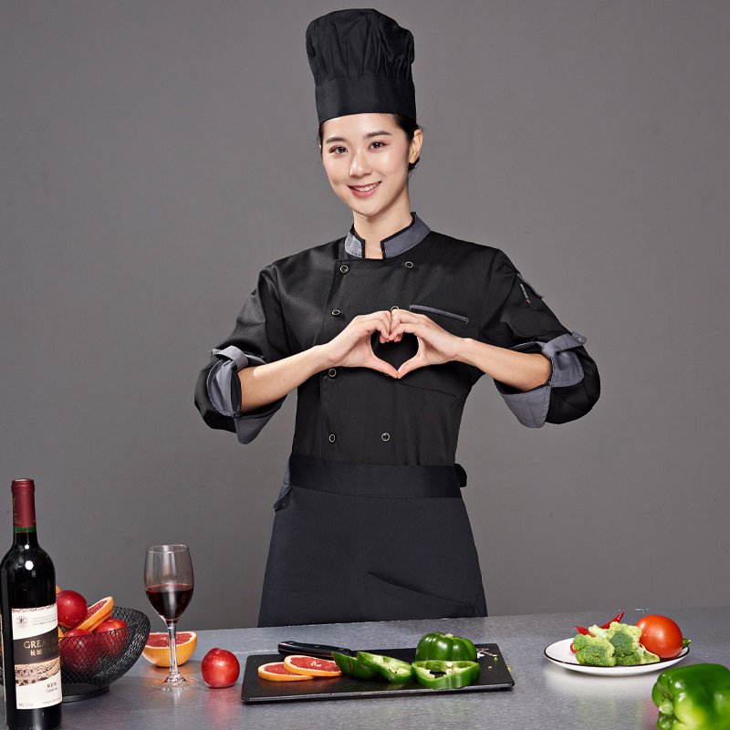 厨师工作服女厨长袖秋冬季男时尚加厚冬天白色西餐厅后厨定制logo