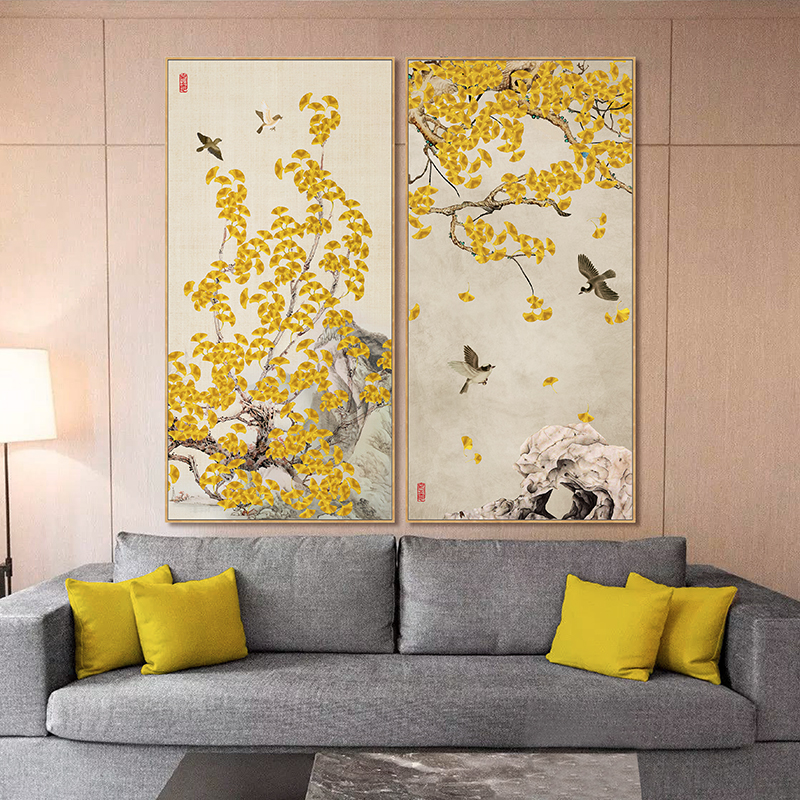 新中式客厅过道餐厅玄关入户挂画背景墙装饰画银杏现代装饰画