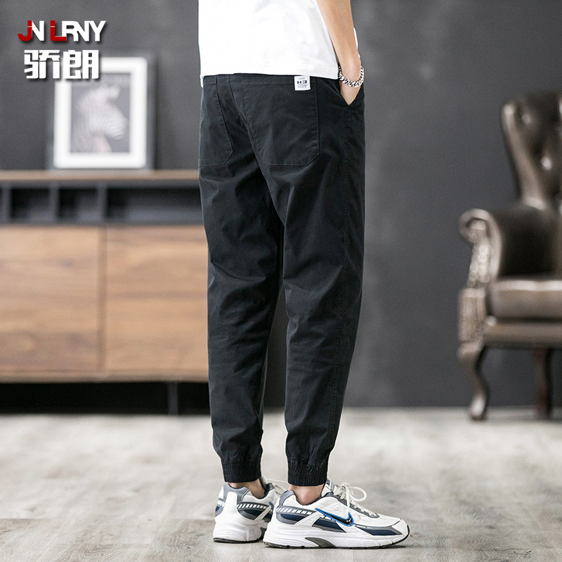 休闲裤男夏季薄款宽松韩版潮流百搭束脚裤日系复古黑色工装九分裤
