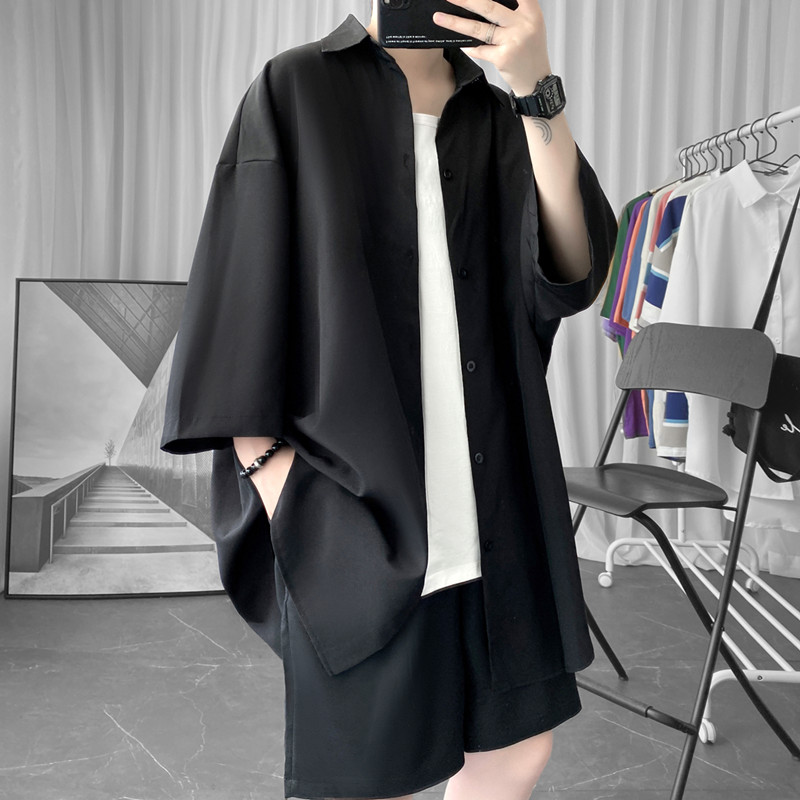 坠感冰丝短袖衬衫男港风日系痞帅衬衣潮牌夏季冷淡风高级感七分袖