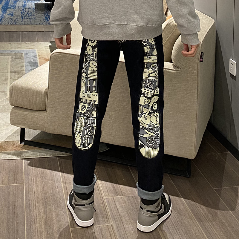 新款刘福神牛仔裤男潮牌大M机械印花原色脱浆宽松直筒长裤子大码