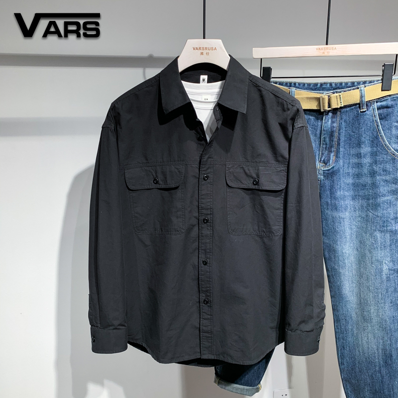 VARSRUSA日系潮流字母刺绣长袖衬衫男春季青年时尚宽松休闲衬衣帅