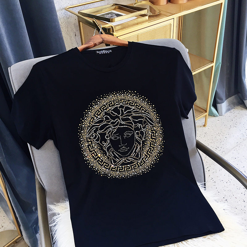 欧美范家意大利美杜莎烫钻男士双丝光棉潮牌圆领短袖T恤修身半袖