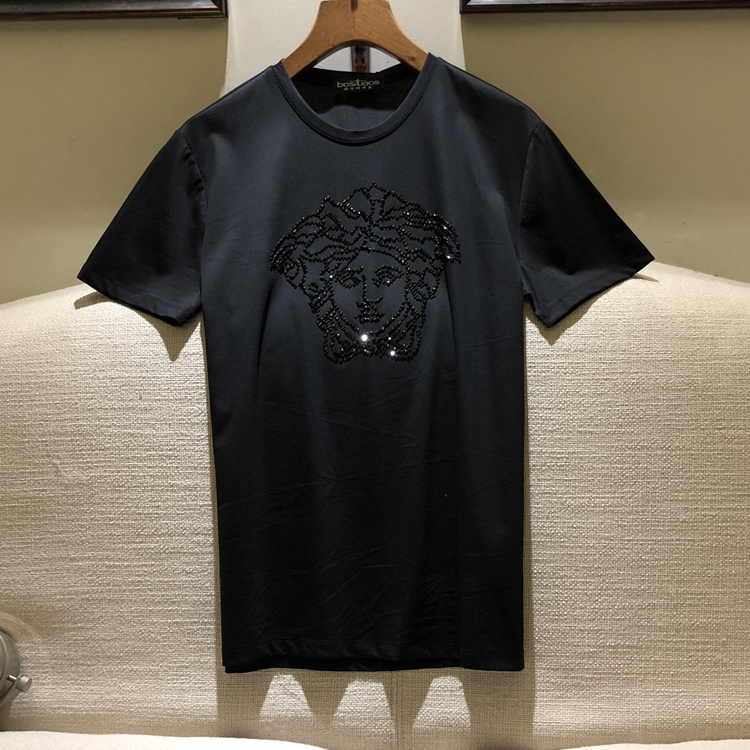22SS瓦萨琪男士短袖圆领丝光棉T恤男美杜莎闪水晶烫钻打底衫半袖