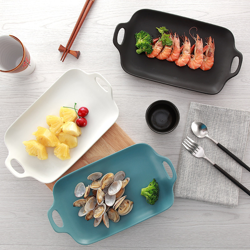 欧式简约陶瓷双耳西餐托盘长方形牛排纯色磨砂盘