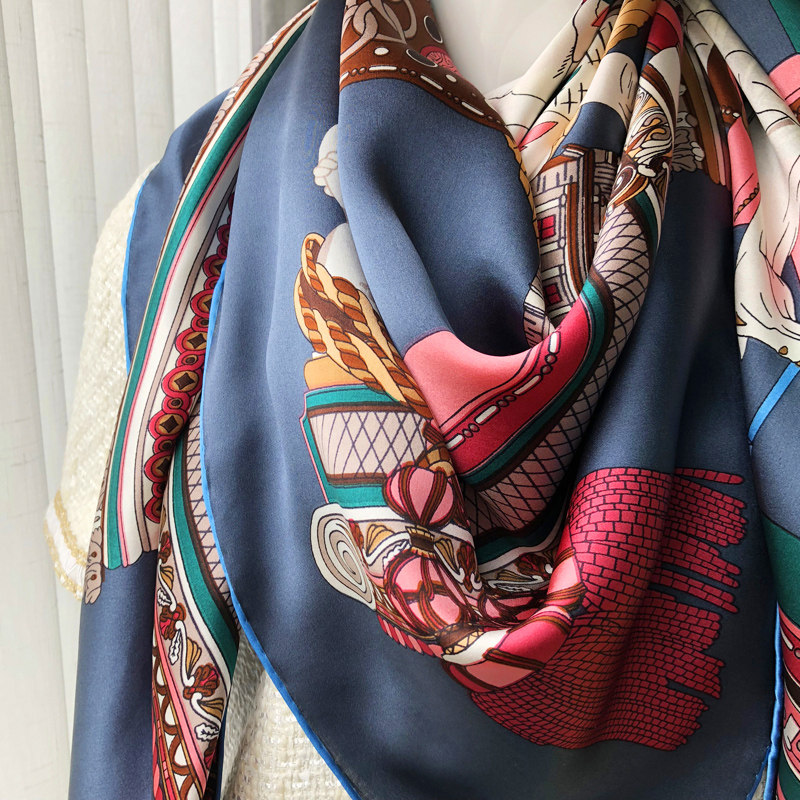 真丝大方巾灰蓝城堡马髙档桑蚕丝围巾女春秋丝巾夏季超大空调披肩