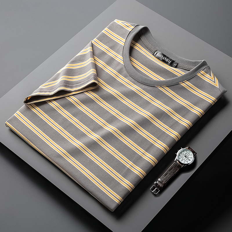 夏季薄款冰丝透气圆领夏季2022丝光棉条纹短袖T恤男士半袖海魂衫