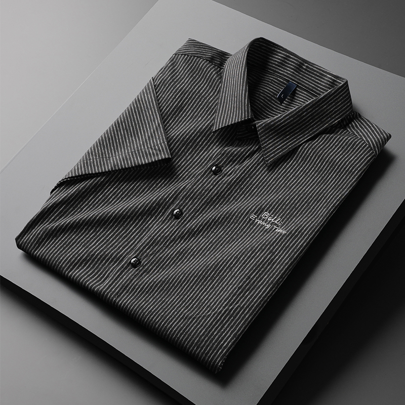 2021夏季免烫条纹衬衫男短袖韩版潮流休闲寸衫刺绣修身商务衬衣男