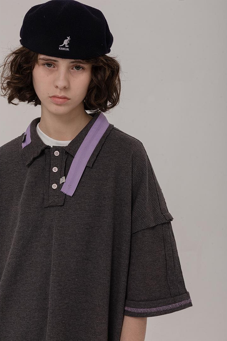 BLIND402国潮男女华夫格心机拉链领口设计复古宽松短袖休闲polo衫