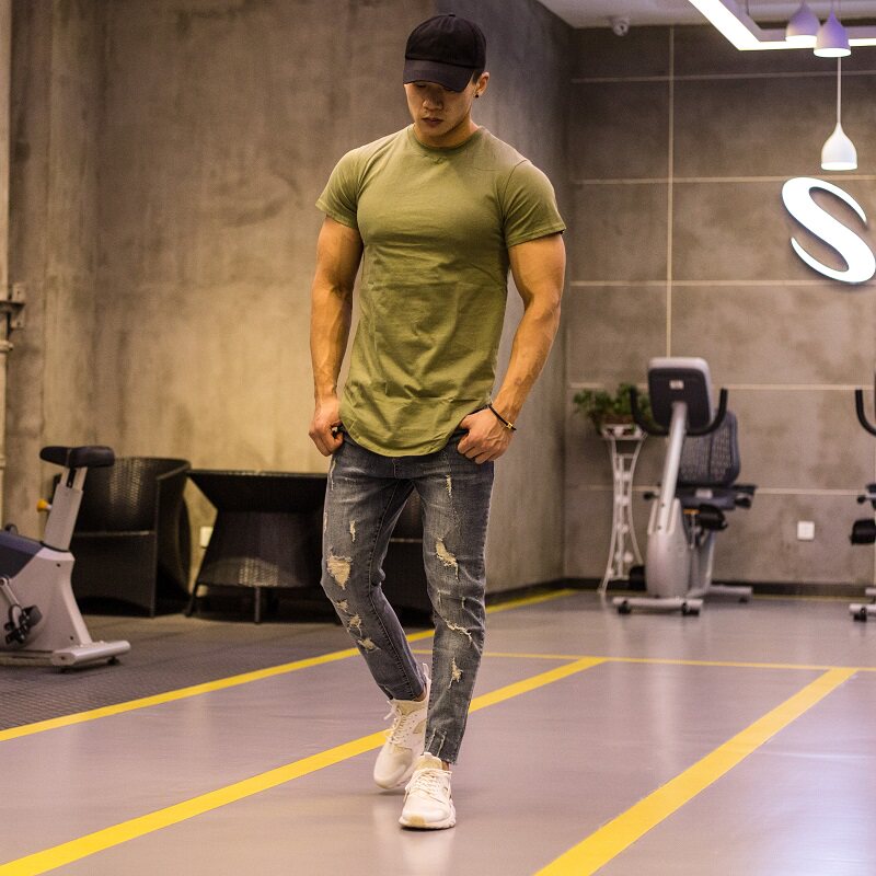 高街欧美短袖恤男休闲运动肌肉大码过臀兄弟健身运动t恤