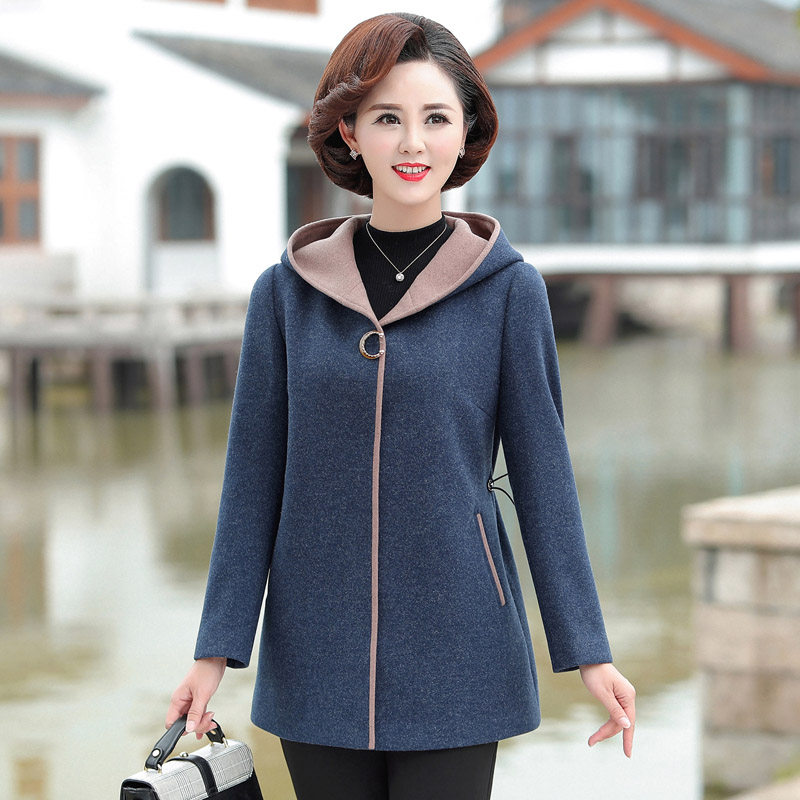 妈妈秋冬呢子大衣女中中长宽松加厚连帽中老年人中老年女装