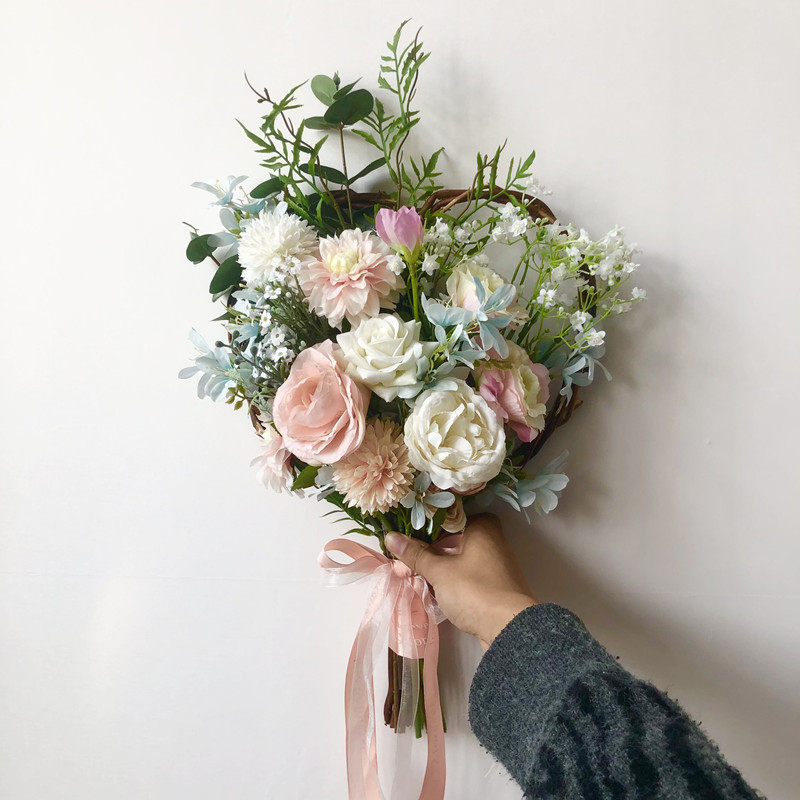 手捧森系韩式新娘花唯唯美婚礼礼花心形仿真新娘手捧花