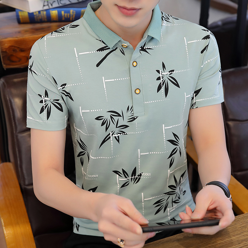 休闲夏季新款个性印花纯棉短袖Polo衫男士韩版潮宽松翻领T恤上衣