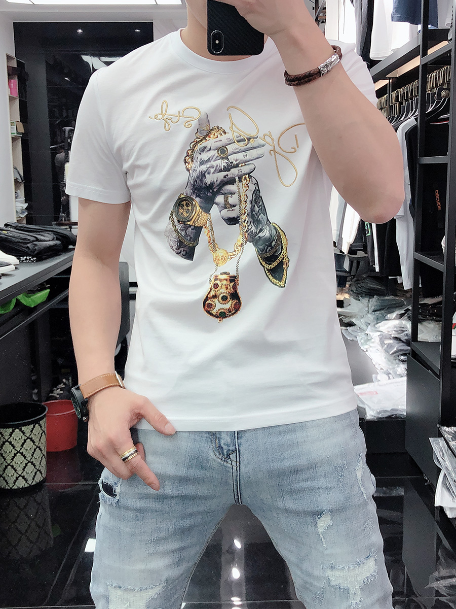 欧货冰丝烫钻白色T恤男士潮流体恤重工网红百搭短袖2022新款半袖