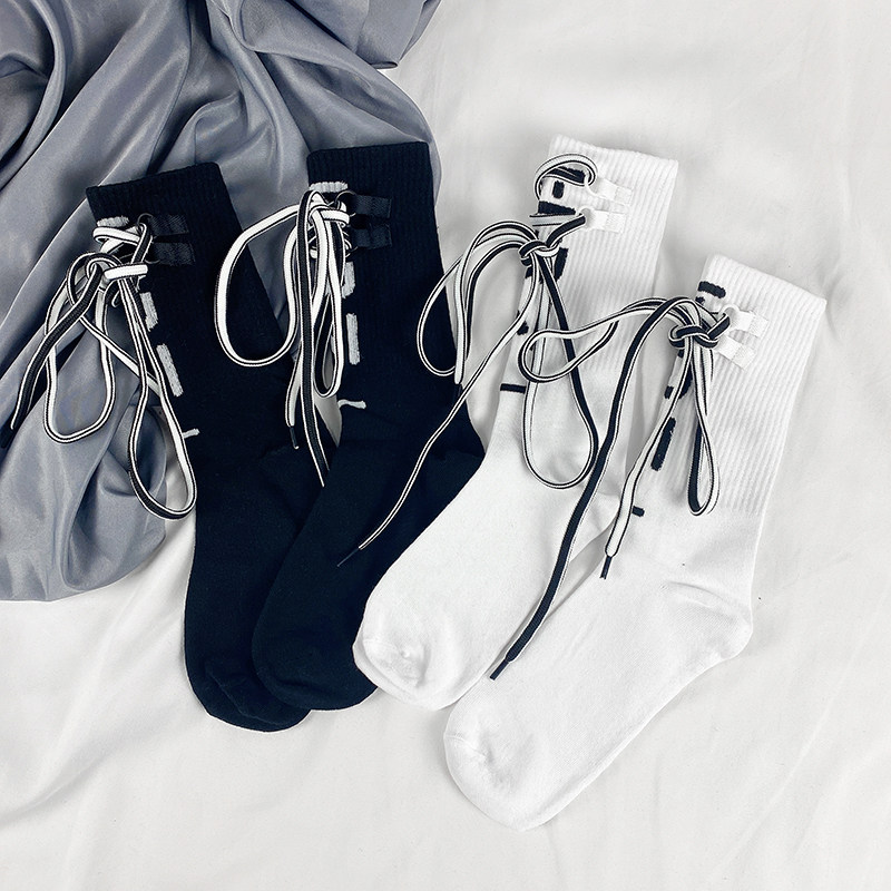 个性白色风潮朋克时尚女士绑绳黑白绑带袜子中筒袜