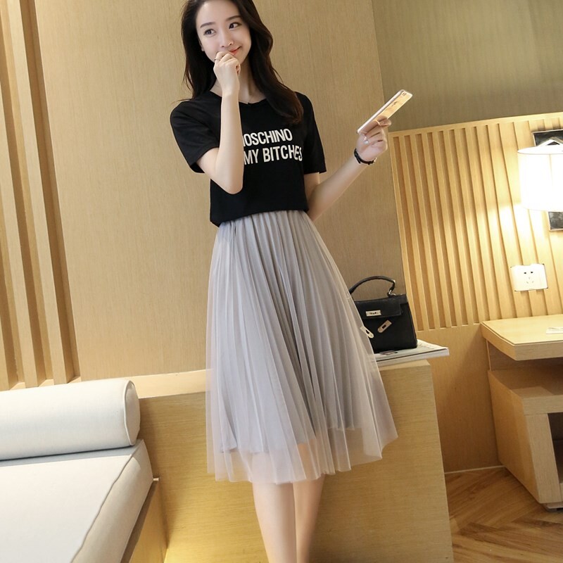 雅兰可秋季网纱蓬蓬裙a型学生中款雪纺大摆裙下半身裙子女显瘦大