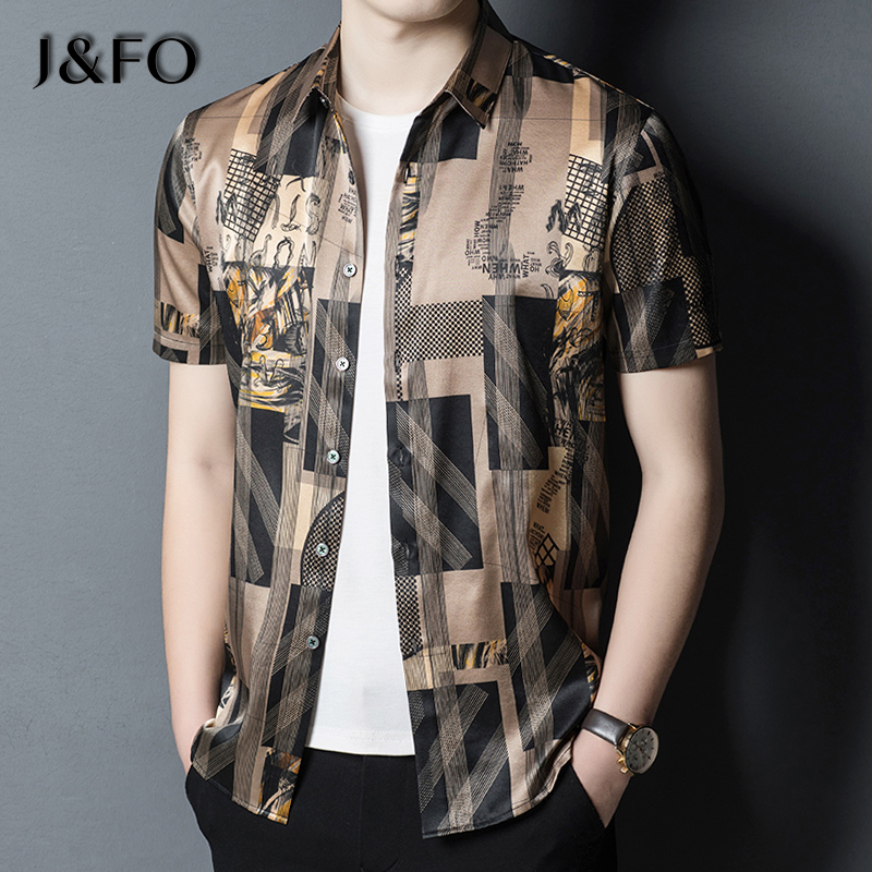 2022夏季休闲衬衣短袖男真丝桑蚕丝绸缎花衬衫半袖高级感轻奢寸衫