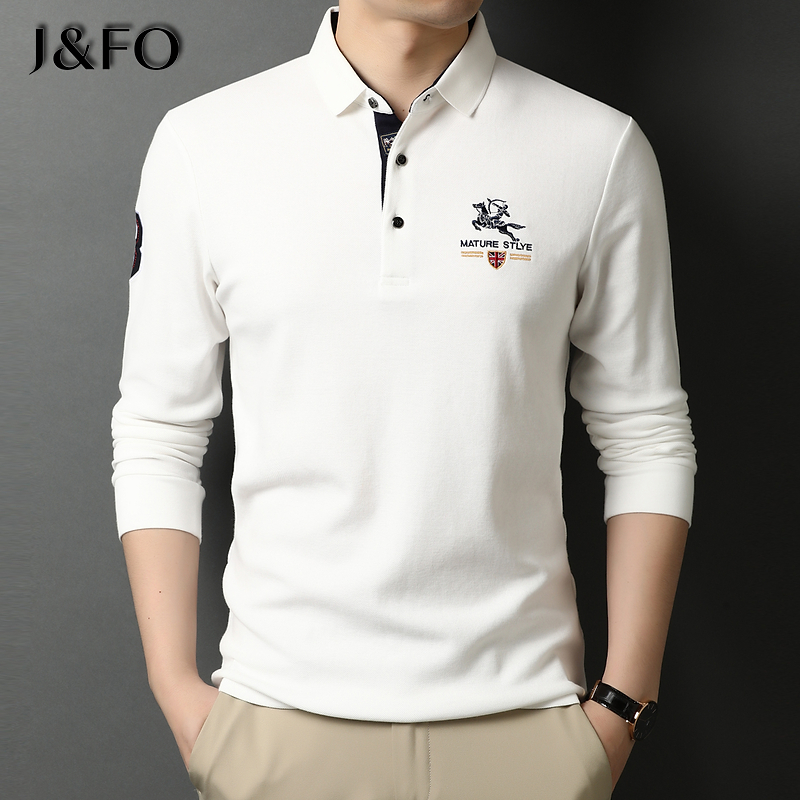 男士纯棉长袖t恤带领子白色春秋装丅宽松刺绣POLO打底衫体桖上衣