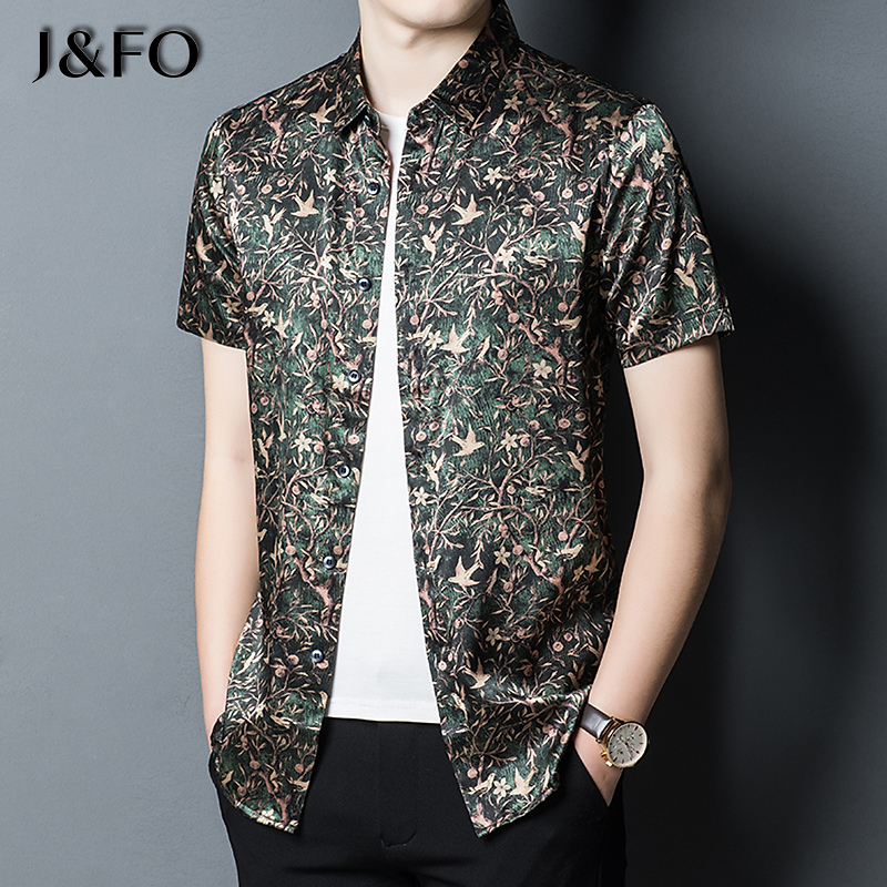 桑蚕丝绸缎面高级感短袖衬衫男夏季潮流真丝半袖薄款印花衬衣寸衫