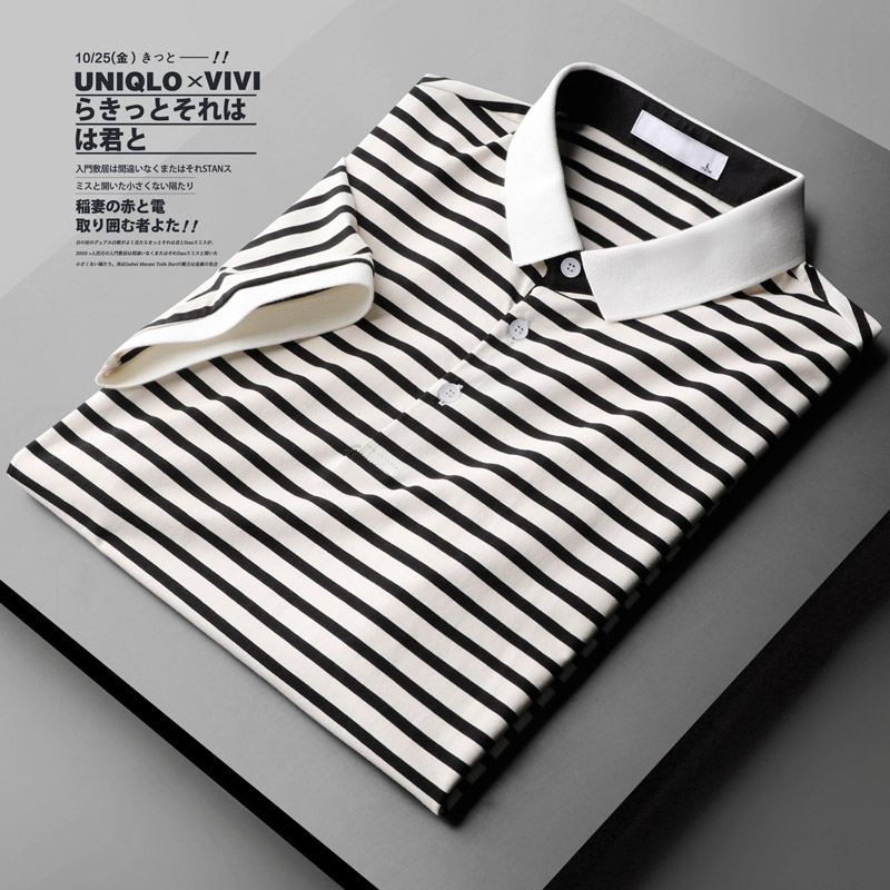 夏季条纹POLO衫男翻领短袖t恤轻商务修身休闲半袖男薄潮流保罗衫