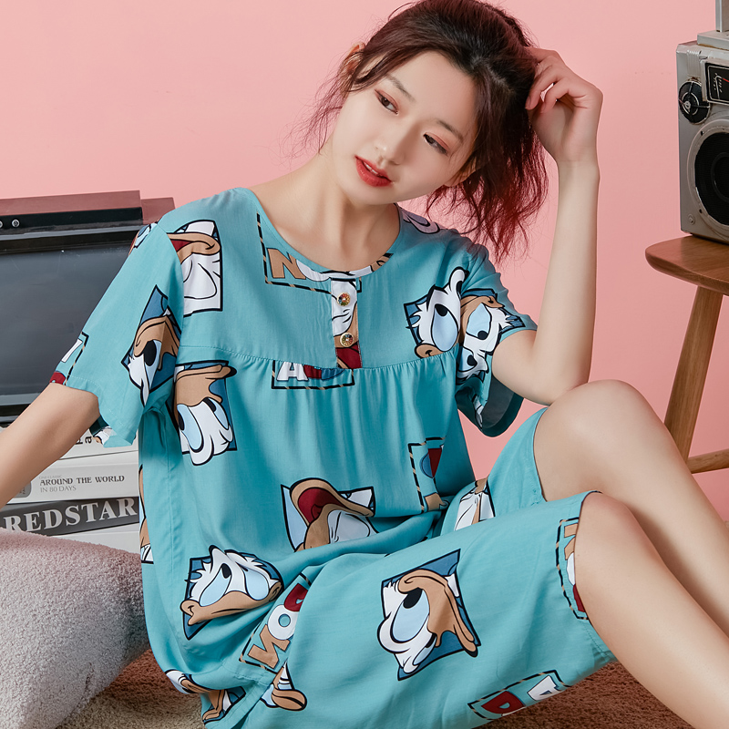 怡伴棉绸睡衣女夏季套装短袖韩版宽松薄款人造棉家居服女两件套 - 怡