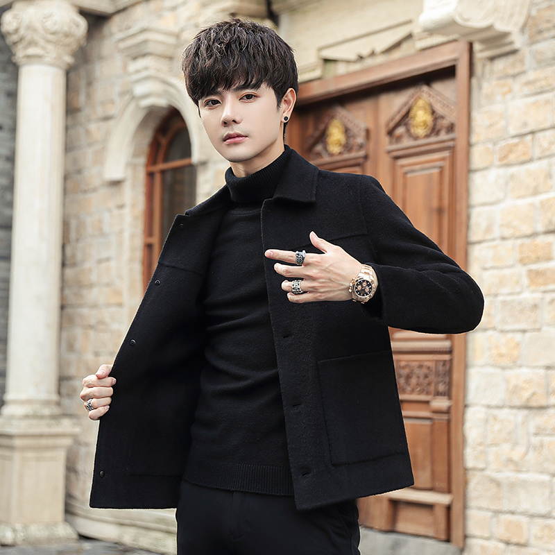 男士羊驼绒双面呢子夹克外套秋冬季韩版修身羊毛妮子大衣短款青年