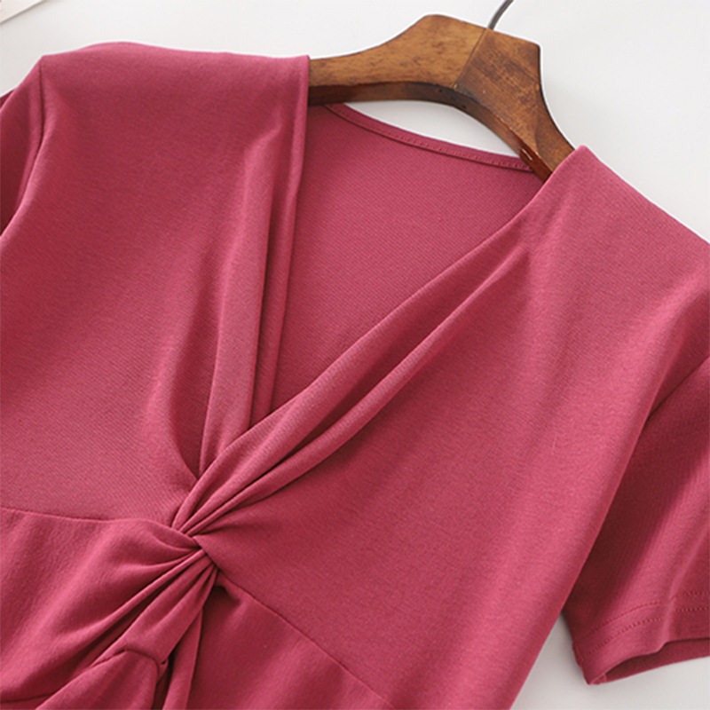 紧身显胸树莓红短袖扭结上衣女舞蹈练功服女长袖瑜伽t恤练舞衣ins