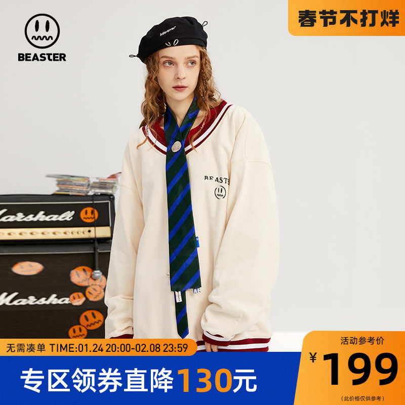 BEASTER小恶魔鬼脸新款潮流港风卫衣宽松复古学院风落肩V领上衣男