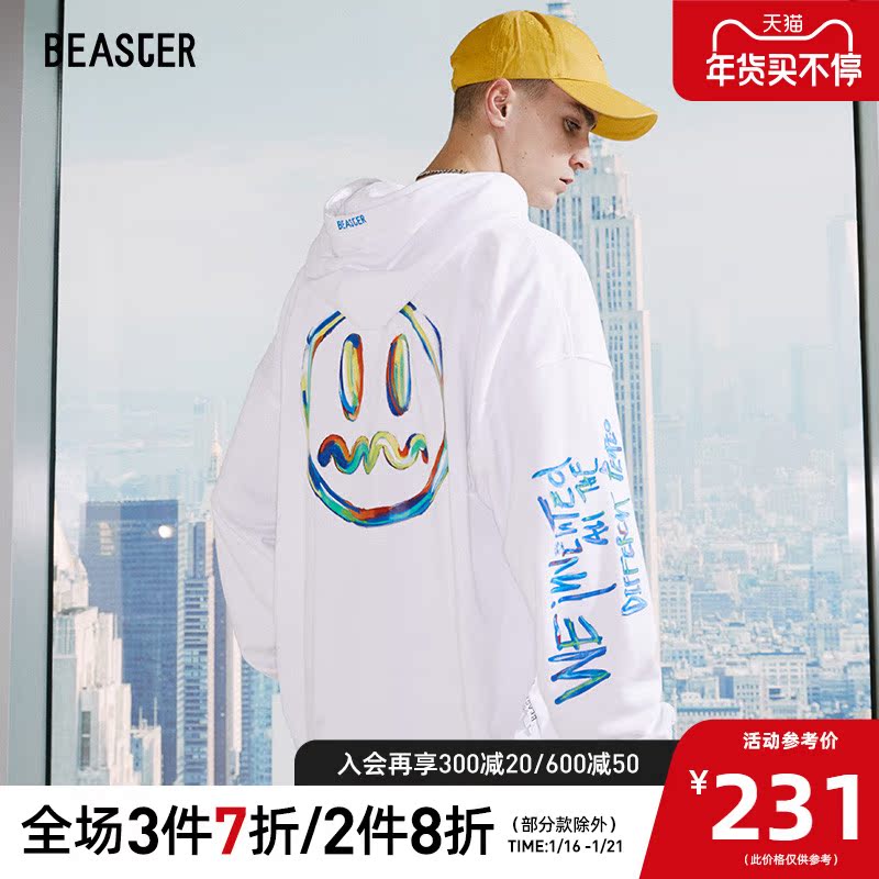 BEASTER小恶魔笑脸连帽橙色卫衣男女同款鬼脸印花情侣潮牌连帽衫