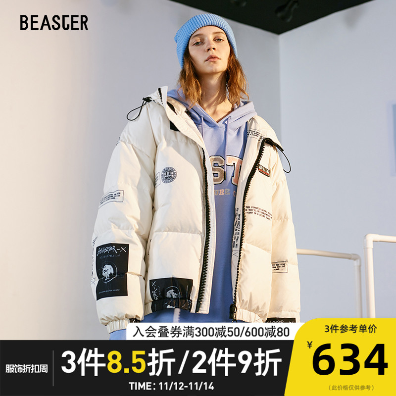 BEASTER小恶魔鬼脸连帽羽绒服简约印花国潮时尚防风外套冬季新款